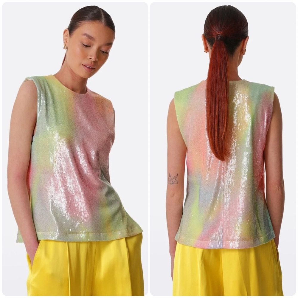 Stine Goya Womens Drisha Pastel Rainbow Sequin Firework Glam Sleeveless Top XS